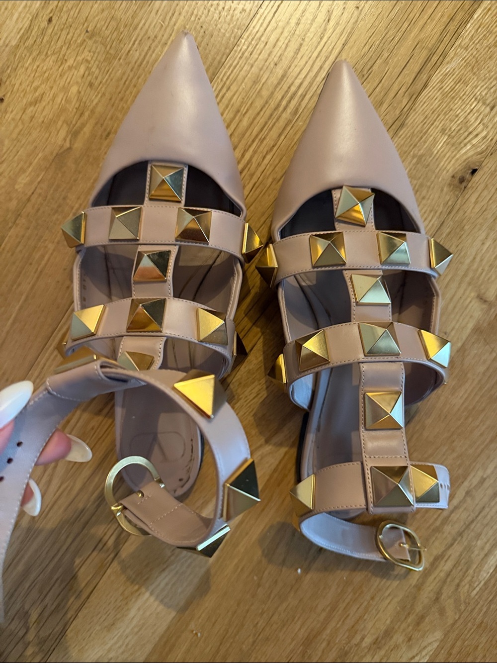 Valentino Garavani Blush Pink Pyramid-Stud Pointed Flats